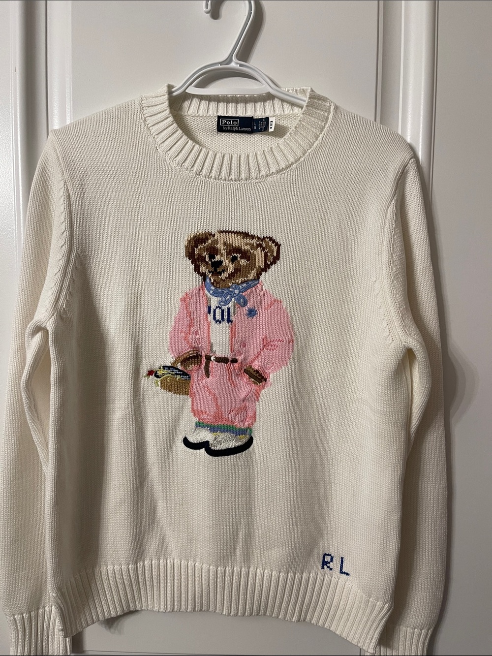 Polo by Ralph Lauren Cream Crewneck Sweater with Pink Bear Intarsia